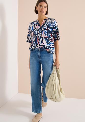 Kurzarm Bluse mit Multicolor Print S - Universal Blue