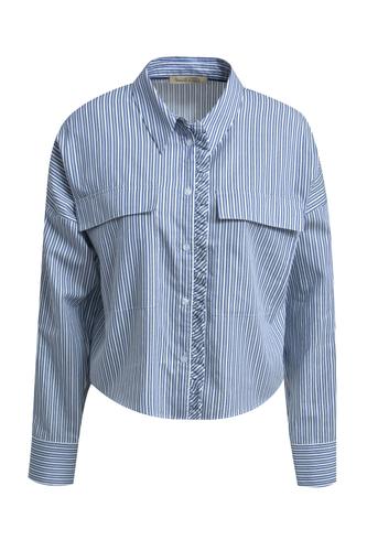 Striped Cropped Blouse with Ruffles S - Dark Denim Print