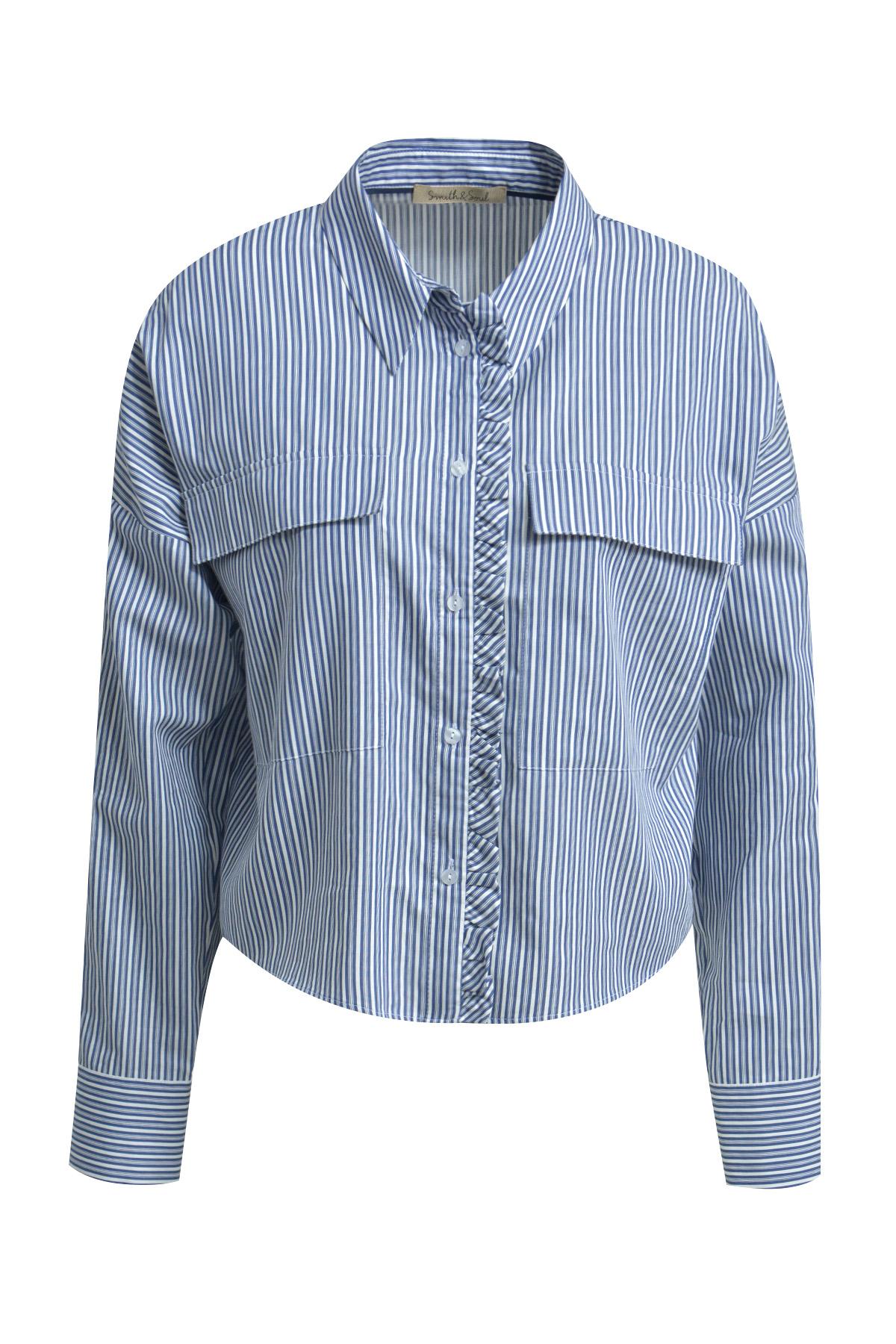 Striped Cropped Blouse with Ruffles S - Dark Denim Print