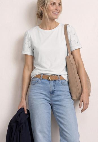 T-Shirt mit Rundhals und Spitzenärmeln 38 - Off White