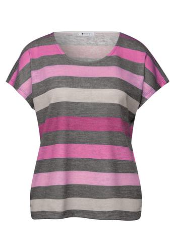 T-Shirt mit gerundetem V-Neck und Streifen