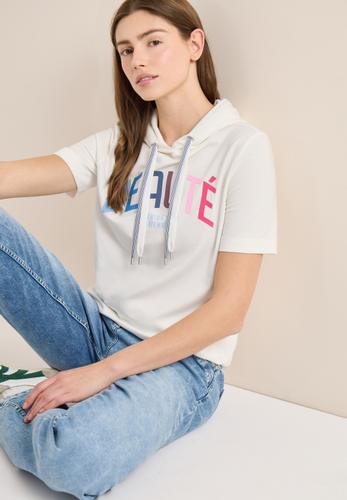 Kurzarm T-Shirt mit Kapuze und Print L - Vanilla White