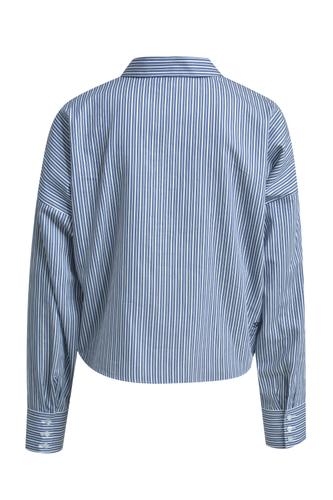 Striped Cropped Blouse with Ruffles S - Dark Denim Print