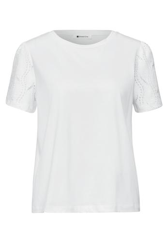 T-Shirt mit Rundhals und Spitzenärmeln 38 - Off White