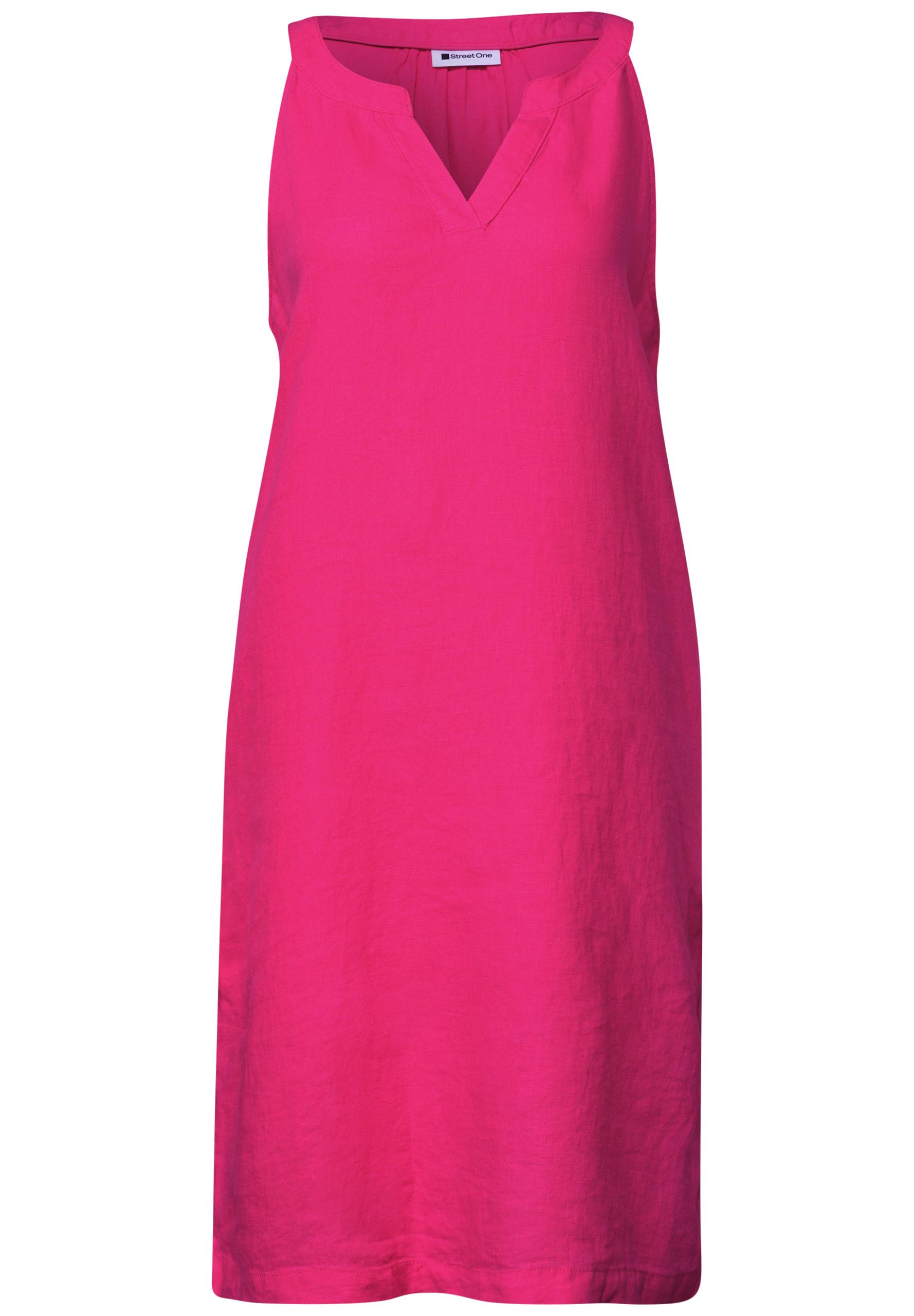 Knielanges Kleid mit Split Neck aus Leinen 34 - Magenta Dream