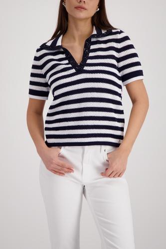 Ajour-Polo-Pullover mit Strasssteinen