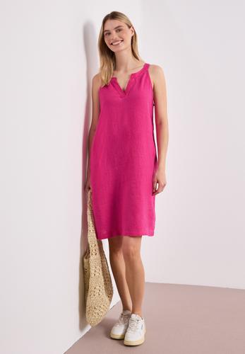Knielanges Kleid mit Split Neck aus Leinen 34 - Magenta Dream